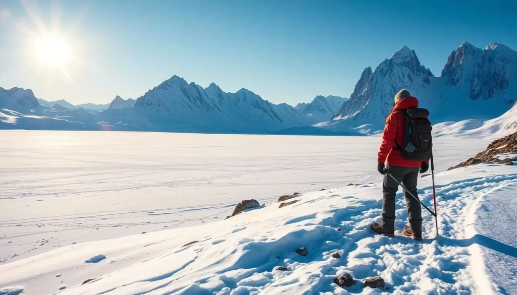A vast, snow-capped landscape stretches out before the hiker, the Arctic sun casting a warm glow over the pristine, frozen tundra. In the foreground, a rugged trail winds through the icy terrain, flanked by towering, jagged peaks that rise up to meet the clear, azure sky. The hiker, clad in warm, winter gear, stands at the edge of a frozen lake, admiring the breathtaking panorama that surrounds them. Shimmering ice crystals dance in the light breeze, and the eerie silence is punctuated only by the crunch of snow underfoot. This scene captures the unparalleled beauty and tranquility of the Arctic wilderness, inviting the viewer to embark on an unforgettable outdoor adventure.