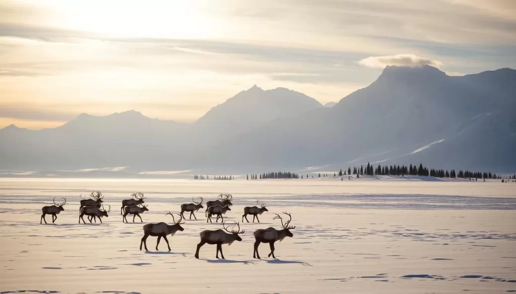 A vast, snow-covered Arctic landscape, with towering mountains in the background and a frozen lake in the foreground. Sunlight filters through wispy clouds, casting a soft, golden glow over the scene. In the middle ground, a herd of caribou grazes peacefully, their antlers reaching towards the sky. In the distance, the silhouettes of spruce trees dot the horizon, creating a sense of depth and scale. The atmosphere is one of tranquility and serene beauty, inviting the viewer to immerse themselves in the wonder of the North.