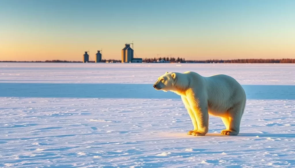 A vast, snow-covered expanse stretches out before the viewer, with a majestic polar bear standing in the foreground. The bear's thick, white fur glistens in the soft, golden light of the afternoon sun, casting a warm glow across the icy landscape. In the middle ground, the iconic grain elevators of Churchill, Manitoba, stand as a testament to the region's agricultural history, while the distant horizon is dotted with the silhouettes of boreal forest trees. The overall scene conveys a sense of tranquility and awe, capturing the essence of Churchill as Manitoba's Arctic treasure.