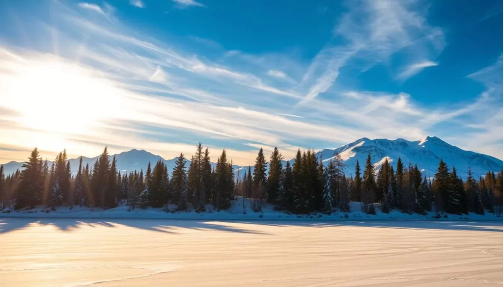 A vast, snow-covered expanse under a vibrant azure sky, with the sun's golden rays filtering through wispy clouds. In the foreground, a frozen lake reflects the serene landscape, its surface adorned with delicate patterns of ice. Towering evergreen trees line the shore, their branches burdened with fresh snow, while in the distance, majestic snow-capped mountains rise, their peaks piercing the heavens. The scene radiates a sense of tranquility and natural wonder, capturing the essence of spring's rebirth in the Northwest Territories.