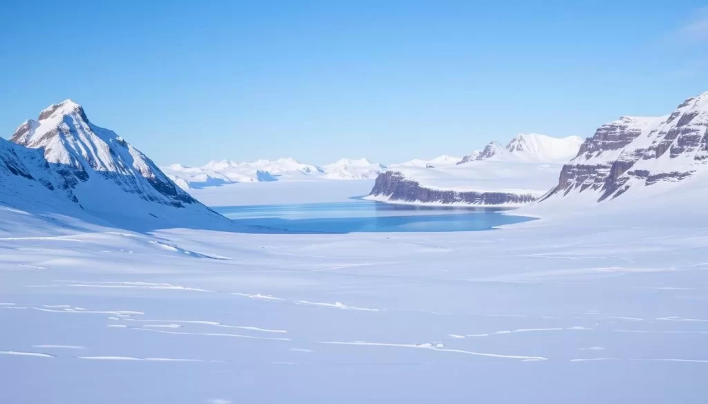 A vast, snow-covered landscape sprawls across Dorset Island in the Canadian Arctic. In the foreground, towering peaks of granite and ice rise sharply against a cerulean sky, their jagged edges casting dramatic shadows. Pristine snow blankets the rolling hills, interrupted only by the sinuous tracks of Arctic hares and foxes. In the middle ground, a frozen lake glimmers like polished crystal, its surface reflecting the towering cliffs that rim its shores. Beyond, the horizon is dotted with more majestic mountains, their slopes dusted with a fine layer of powdery snow. The scene is bathed in the soft, diffused light of a winter day, creating a serene and ethereal atmosphere.