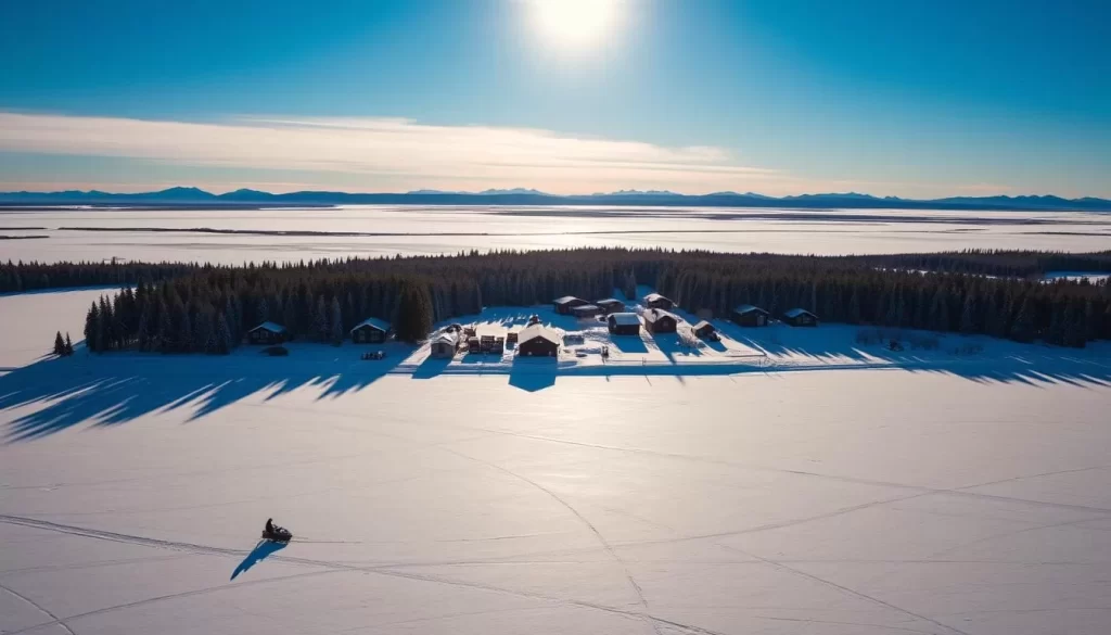 A vast, snow-covered landscape stretches across the horizon, the sun casting a warm glow over the scene. In the foreground, a frozen lake reflects the azure sky, its surface dotted with ice fishermen braving the frigid temperatures. In the middle ground, a cluster of log cabins and modular homes nestle amongst the towering evergreen trees, their roofs blanketed in pristine white. Distant mountains rise in the background, their peaks adorned with a dusting of snow. The air is crisp and clear, with a hint of the biting wind that defines Yellowknife's extreme climate. This is a day that encapsulates the rugged beauty and resilience of the Northwest Territories' capital city.