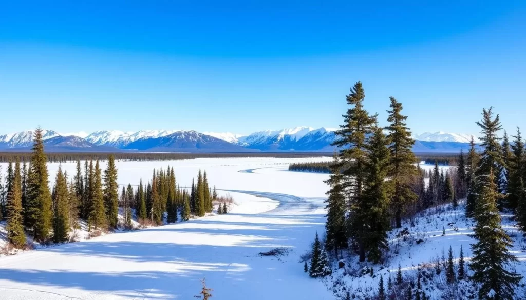 A vast, snow-covered landscape stretches before the viewer, dotted with towering mountains in the distance. In the foreground, a frozen river winds its way through the pristine, untouched wilderness, its surface reflecting the clear blue sky above. Tall, evergreen trees line the riverbanks, their branches heavy with snow. The scene is bathed in a soft, diffused light, creating a serene and peaceful atmosphere. A sense of tranquility and isolation pervades the image, inviting the viewer to immerse themselves in the beauty of Pangnirtung's untamed natural wonder.