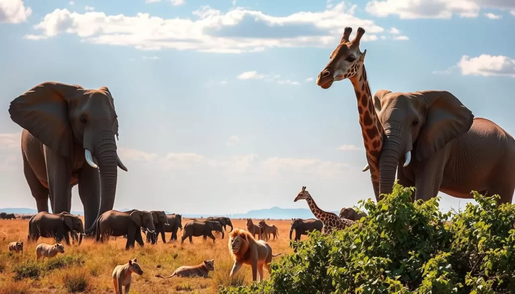 A vast, sun-dappled savanna stretches before a herd of magnificent, dust-coated elephants, their massive frames silhouetted against the vivid blue sky. In the middle ground, a pride of lions lazily watches over their domain, while in the foreground, a graceful giraffe navigates the lush, verdant foliage. The warm, golden light filters through the scene, casting a soft, inviting glow that evokes the tranquility and wonder of Etosha National Park during the prime wildlife viewing months of July to September.