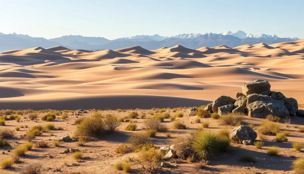 A vast, sun-drenched desert landscape stretches before the viewer, dominated by the Carcross Desert's iconic sand dunes. In the foreground, sparse vegetation and rocky outcroppings dot the terrain, casting soft shadows under the warm, golden light. The middle ground features the undulating, wave-like dunes, their gentle slopes and peaks captured in intricate detail. In the distant background, majestic mountains rise, their snowcapped peaks gleaming in the bright sunlight. The scene exudes a serene, tranquil atmosphere, inviting the viewer to pause and appreciate the natural beauty of this unique and captivating desert environment.