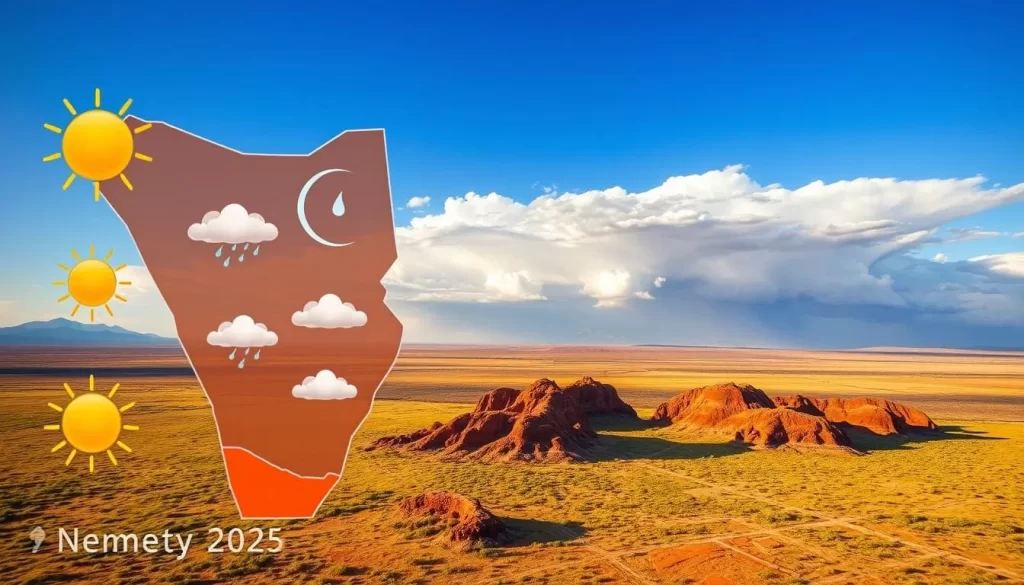 A vast, sun-drenched landscape of Namibia, captured through the lens of a high-resolution camera. In the foreground, a vibrant collage of weather icons - sun, clouds, rain, wind - overlaid on a detailed map of the country, showcasing the month-by-month climate variations. The middle ground features lush, rolling hills and dramatic, rocky outcroppings, bathed in warm, golden light. In the distance, a majestic, cloudless sky stretches out, hinting at the diverse weather patterns that shape this captivating country throughout the year. The overall composition conveys a sense of exploration, discovery, and a deep appreciation for Namibia's ever-changing, weather-driven beauty.