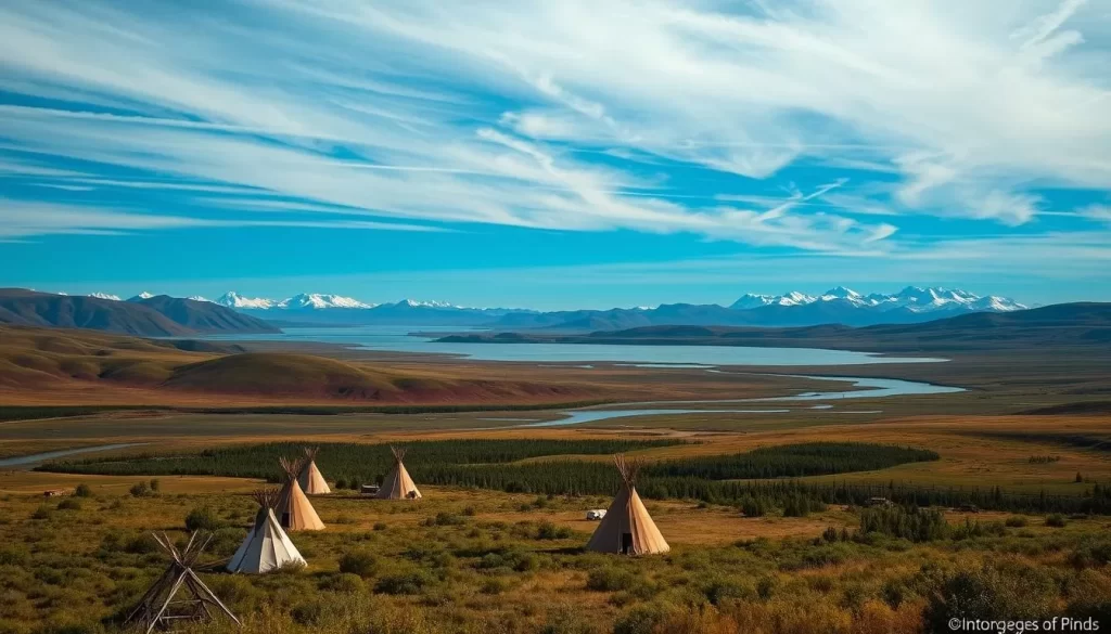 A vast, sweeping landscape in the Northwest Territories, Canada. In the foreground, a picturesque scene of traditional indigenous structures, such as tipis and longhouses, nestled among rolling hills and lush, verdant vegetation. The middle ground features a tranquil lake or river, its calm waters reflecting the blue sky and wispy clouds above. On the horizon, majestic mountains rise, their snow-capped peaks reaching towards the heavens. The lighting is soft and natural, bathing the scene in a warm, golden glow. The overall mood is one of serenity, history, and cultural richness, inviting the viewer to immerse themselves in the timeless beauty of this Northern landscape.