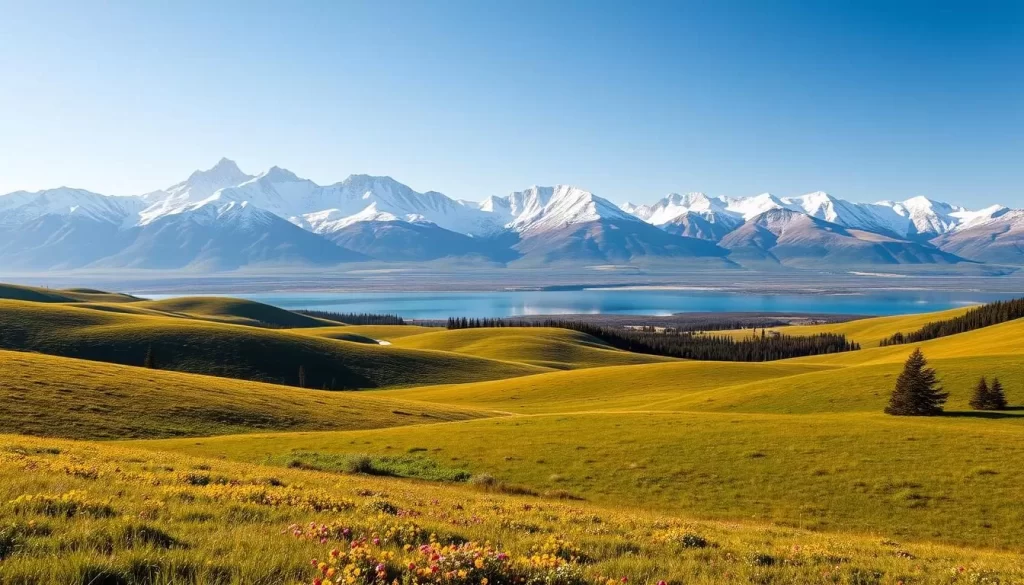 A vast, sweeping landscape under a clear, azure sky. In the foreground, rolling hills blanketed in lush, verdant grasslands, dotted with wildflowers in vibrant hues. In the middle ground, majestic snow-capped peaks of the Rocky Mountains rise majestically, their rugged, granite faces reflecting the warm, golden sunlight. In the distance, pristine, crystalline lakes shimmer, their still waters mirroring the magnificent alpine scenery. The air is crisp and clean, with a gentle breeze rustling the trees. Capture the essence of Alberta's diverse, breathtaking climate in a single, awe-inspiring image.