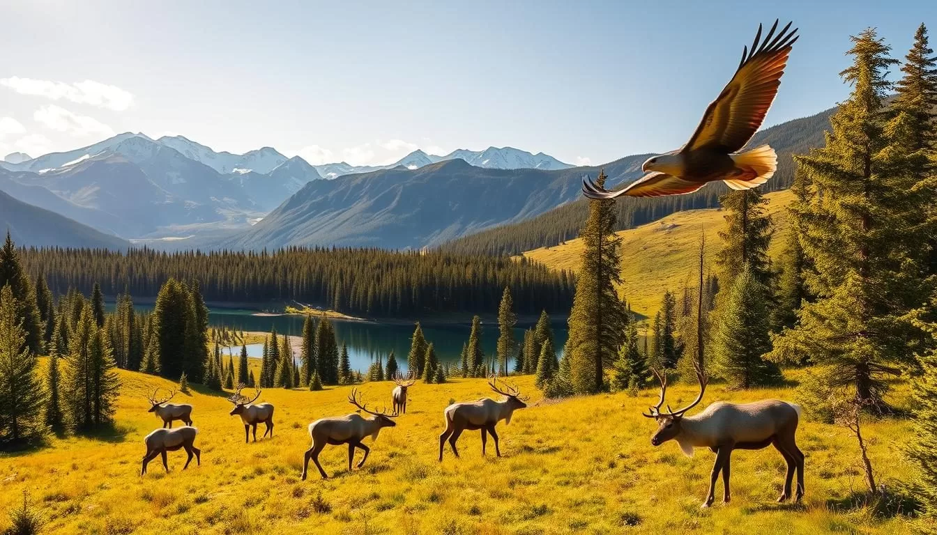 A verdant boreal forest carpets the rolling hills of the Yukon Wildlife Preserve, where a serene alpine lake reflects the snow-capped peaks of the surrounding mountains. Majestic caribou graze in the lush meadows, while a bald eagle soars overhead, casting its shadow on the vibrant green pines below. Warm sunlight filters through the canopy, casting a golden glow on the scene. The tranquil atmosphere invites visitors to explore the diverse habitats and witness the region's remarkable wildlife in their natural splendor.