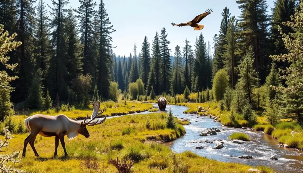 A verdant, sun-dappled clearing in a boreal forest, with a crystal-clear stream winding through the scene. In the foreground, a pair of caribou graze peacefully, their antlers casting long shadows. A bald eagle soars overhead, its keen eyes scanning the landscape for prey. In the middle ground, a grizzly bear emerges from the undergrowth, pausing to take a drink from the cool, flowing water. The background is filled with towering spruce and fir trees, their branches swaying gently in a light breeze. The overall atmosphere is one of tranquility and harmony, showcasing the rich wildlife found in this pristine wilderness.