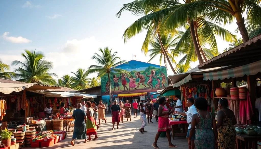 A vibrant Afro-Caribbean village in Cahuita, Costa Rica. In the foreground, a lively street market bustles with vendors selling handcrafted goods, vibrant textiles, and freshly-prepared local cuisine. The middle ground features a colorful mural depicting the region's rich history and cultural heritage, with people dancing to the rhythmic beat of traditional music. In the background, palm trees sway gently in the warm Caribbean breeze, setting the stage for a serene and inviting atmosphere. The scene is illuminated by the soft, natural lighting of a sun-drenched day, casting a warm glow over the vibrant colors and lively interactions. The overall mood is one of celebration, community, and a deep connection to the region's Afro-Caribbean roots.