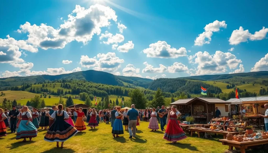 A vibrant Belarusian folk festival in a picturesque countryside setting. In the foreground, colorfully dressed dancers twirl and sway to the rhythmic music of traditional instruments. In the middle ground, artisans display their handcrafted wares - intricate woodcarvings, embroidered textiles, and ceramic pottery. The background is filled with rolling hills, lush greenery, and a clear blue sky dotted with fluffy white clouds, basking the entire scene in warm, golden sunlight. The atmosphere is one of joyous celebration, cultural pride, and a deep connection to the land and its people.