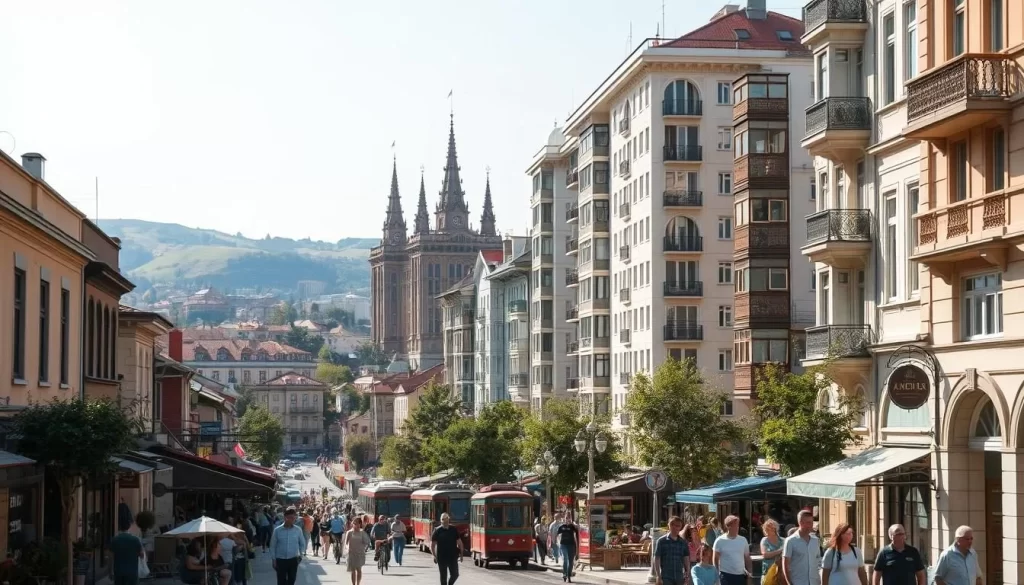 A vibrant Belgrade neighborhood on a sunny day, bustling with local life. In the foreground, a lively street lined with quaint cafes and independent shops, their colorful facades casting warm shadows. Pedestrians stroll along the sidewalks, mingling with cyclists and streetcars. In the middle ground, towering apartment buildings with intricate Austro-Hungarian architectural details rise up, their windows glinting in the bright daylight. The background features the rolling hills of the city, with the iconic spires of Belgrade's historical landmarks peeking through the distance. An atmosphere of community, energy, and urban charm permeates the scene.
