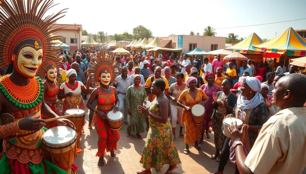 A vibrant Goli Festival in a bustling town square in Benin, West Africa. People in colorful traditional attire dance and celebrate, with drummers and musicians creating a lively, rhythmic soundtrack. In the foreground, masked performers in intricate costumes gracefully move through the crowd. The middle ground is filled with joyful onlookers, some clapping along to the music. In the background, colorful stalls and tents sell local crafts and delicacies. Warm, golden sunlight filters through the scene, lending a festive, celebratory atmosphere.