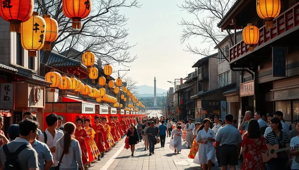 A vibrant Hiroshima festival calendar comes alive in the sunlit streets, showcasing the rich cultural heritage of the city. Ornate paper lanterns cast a warm glow, illuminating a parade of elaborately costumed performers against a backdrop of traditional architecture. In the foreground, locals and visitors mingle, admiring the intricate festival floats and sampling delectable street food. The middle ground captures the energy of the festivities, with dancers twirling to the rhythmic beats of drums and shamisen. In the distance, the iconic Hiroshima Peace Memorial Park offers a serene contrast, reminding us of the city's resilience. This vibrant scene captures the essence of Hiroshima's festival calendar, a tapestry of history, tradition, and community.