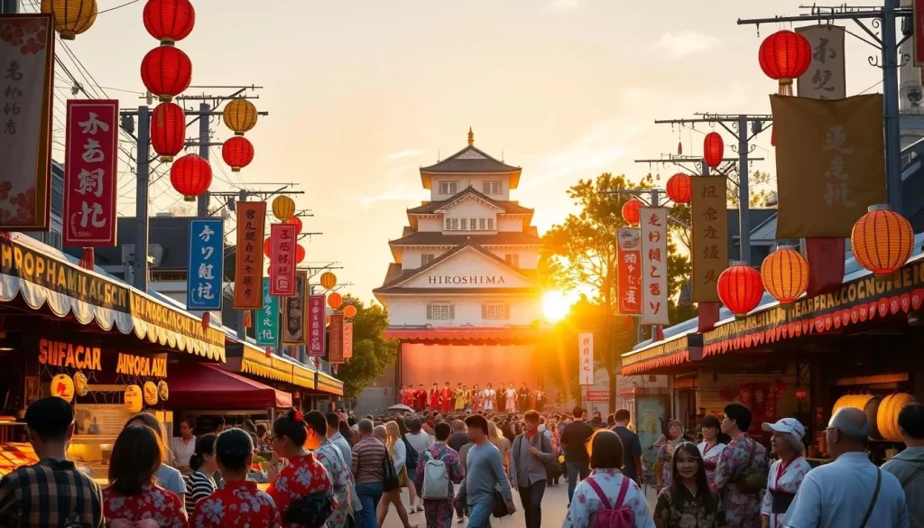 A vibrant Hiroshima festival scene, with colorful lanterns and banners strung across a lively street. In the foreground, people in traditional yukata garments mingle, admiring food stalls and local artisan displays. In the middle ground, a stage hosts a lively performance, musicians and dancers in elaborate costumes. The background features the iconic Hiroshima Castle, bathed in the warm glow of the setting sun. The atmosphere is one of joyous celebration, rich with the sights, sounds, and aromas of Japanese cultural heritage. Soft natural lighting casts a serene, nostalgic mood over the vibrant festivities.