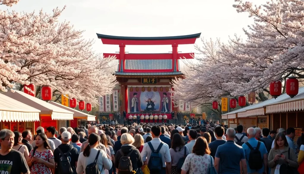A vibrant Hokkaido festival scene, bathed in warm afternoon light. In the foreground, a crowd of locals and tourists stroll past colorful stalls, their hands full of delectable street food. The middle ground features a grand stage adorned with traditional Japanese decorations, where performers in intricate costumes dance to the rhythm of taiko drums. In the background, cherry blossom trees frame a historic shrine, its red gates standing as a testament to the region's rich cultural heritage. The atmosphere is lively and festive, capturing the essence of Hokkaido's dynamic festival culture.