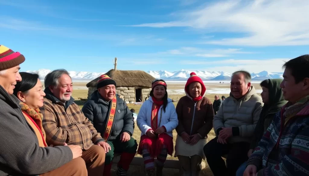A vibrant Inuinnaqtun language community gathers in a scenic Western Nunavut setting. In the foreground, indigenous elders and youth converse in the traditional tongue, their expressions animated as they share knowledge and stories. The middle ground features a traditional sod house and a group of children playing games, embodying the community's cultural heritage. In the background, the vast Arctic landscape unfolds, with snow-capped mountains and a clear blue sky overhead, bathing the scene in a soft, natural light. This serene and authentic portrayal captures the essence of Inuinnaqtun, a vital part of Nunavut's linguistic diversity.