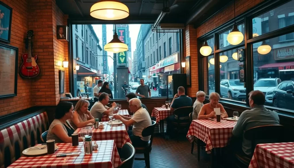 A vibrant Italian restaurant in the heart of New York City, with its iconic red-and-white checkered tablecloths, lively atmosphere, and the aroma of freshly baked pizza and simmering pasta sauces wafting through the air. Warm, golden lighting illuminates the cozy interior, with its exposed brick walls and vintage decor, creating a welcoming and authentic ambiance. In the foreground, a group of diners enjoy their meal, engaged in lively conversation, while through the large windows, the bustling streets of Manhattan provide a dynamic backdrop, showcasing the unique character of New York's celebrated Italian restaurant scene.