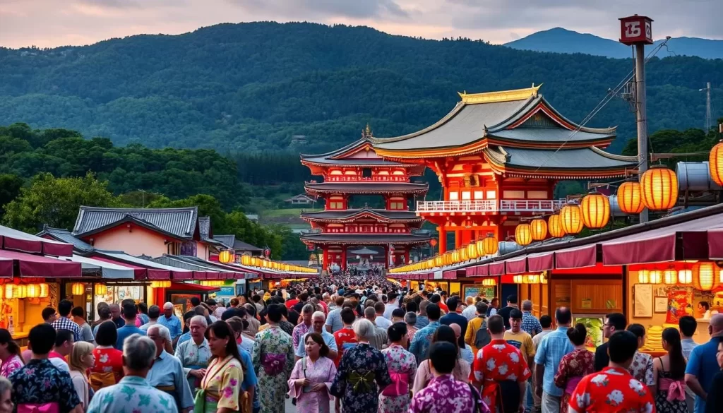 A vibrant Japanese summer festival in Shiga Prefecture, Japan. In the foreground, crowds of people in colorful traditional yukata robes stroll along paper lantern-lit streets, enjoying festival food stalls and carnival games. In the middle ground, a grand, ornate shrine stands tall, its intricate architecture illuminated by warm, soft lighting. In the background, rolling hills and lush green forests provide a serene, natural backdrop to the lively celebration. The scene is filled with a sense of joy, community, and timeless cultural tradition.