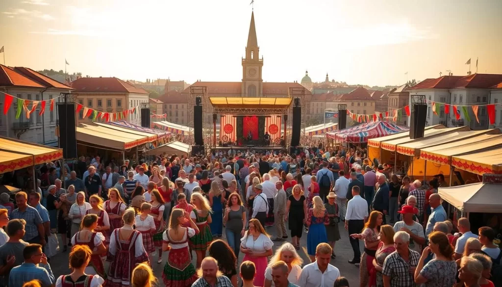 A vibrant Latvian festival scene, bathed in warm golden sunlight. In the bustling foreground, a colorful procession of traditional dancers, their intricate costumes and graceful movements captivating the crowd. Surrounding them, an array of lively market stalls, overflowing with handcrafted wares, local delicacies, and the chatter of excited festival-goers. In the middle ground, a towering stage commands attention, with musicians performing rousing folk tunes that fill the air. In the distance, the historic architecture of the city frames the scene, lending an air of timeless cultural heritage. The atmosphere is one of joyous celebration, inviting the viewer to immerse themselves in the vibrant heart of Latvian festival culture.