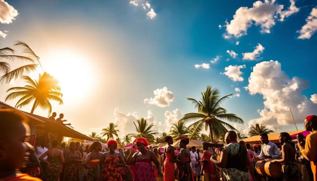 A vibrant Liberian festival scene unfolds under a warm, golden sun. In the foreground, a crowd of revelers dances, their colorful traditional costumes swirling. Mid-frame, vendors sell fragrant street food and handcrafted wares, while musicians play lively rhythms on drums and xylophones. In the background, palm trees sway gently, and the sky is a brilliant azure, dotted with fluffy white clouds. The atmosphere is one of joyous celebration, capturing the spirited culture and welcoming spirit of Liberia.