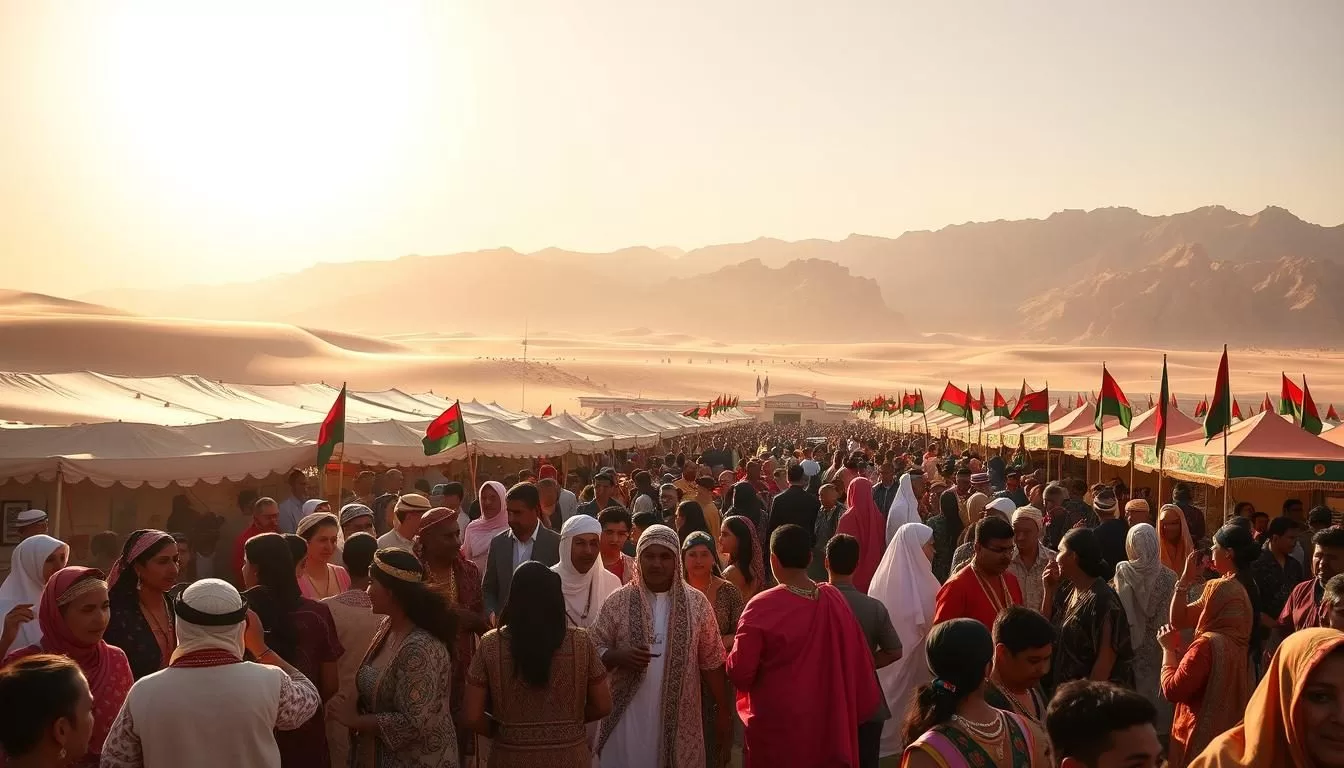 A vibrant Libyan cultural festival unfolds against the backdrop of a sun-drenched desert landscape. In the foreground, a crowd of revelers adorned in traditional Berber garments and intricate jewelry dances to the rhythmic beats of drums and lutes. The middle ground features rows of colorful tents and market stalls, where artisans showcase their handcrafted wares, from intricately woven textiles to intricate metalwork. In the distance, towering sand dunes and rugged mountainous terrain create a stunning natural canvas for this celebration of Libyan heritage and pride. Warm, golden light bathes the entire scene, evoking a sense of timelessness and cultural richness.