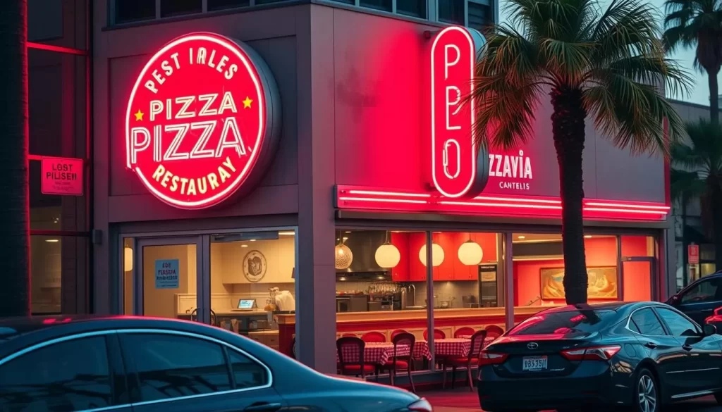 A vibrant Los Angeles street scene, with a charming pizzeria in the foreground. The restaurant's storefront is adorned with a classic neon sign, inviting passersby to indulge in its renowned slices. Through the large windows, the interior is visible, featuring a cozy, retro-inspired ambiance with red-and-white checkered tablecloths and a bustling kitchen in the back. Parked cars line the curb, and palm trees sway gently in the mild, sunny California breeze. The overall mood is one of casual sophistication, capturing the essence of Los Angeles' acclaimed pizza culture beyond the city's most well-known classics.