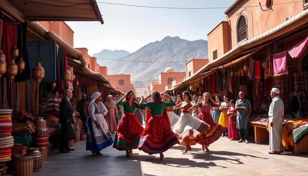 A vibrant Moroccan marketplace bustling with life, sun-dappled stalls overflowing with colorful textiles, ornate metal lanterns, and the aroma of spices wafting through the air. In the center, a lively group of dancers performs a traditional Berber folk dance, their flowing robes and intricate footwork reflecting the rich cultural heritage of Morocco. In the background, majestic Atlas Mountains rise, casting long shadows over the festivities. The scene exudes a sense of timeless celebration, showcasing the deep-rooted significance of Moroccan festivals in preserving and honoring the country's diverse cultural identity.