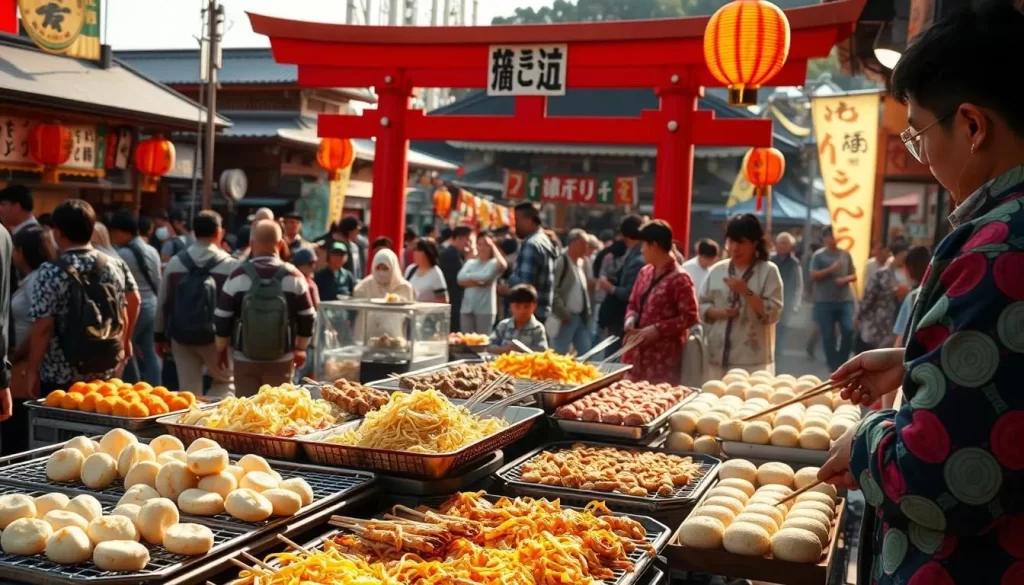 A vibrant Nagasaki festival food scene, bustling with energy and mouthwatering aromas. In the foreground, a variety of traditional Japanese street foods sizzle on portable grills - takoyaki octopus balls, yakisoba noodles, and crisp okonomiyaki savory pancakes. In the middle ground, vendors in colorful happi coats showcase freshly grilled skewered meats, fried tempura, and sweet taiyaki fish-shaped cakes. The background is filled with lively festival crowds, lanterns, and the iconic red torii gate of a Shinto shrine, bathed in warm afternoon sunlight. Capture the vibrant, celebratory atmosphere of a Nagasaki festival, showcasing the diverse and delectable local cuisines that make the experience unforgettable.
