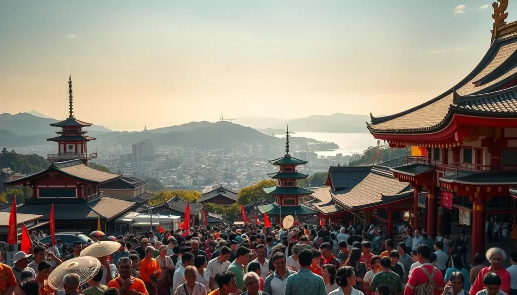 A vibrant Nagasaki festival scene in the foreground, with a lively crowd of locals and visitors adorned in colorful traditional attire, playing instruments, and engaging in festive activities. In the middle ground, a stunning backdrop of historic architecture, including ornate temples and shrines, illuminated by warm, golden sunlight filtering through the scene. In the background, a panoramic view of the picturesque Nagasaki cityscape, nestled between rolling hills and the sparkling Nagasaki Bay. Crisp, detailed, and photorealistic, capturing the rich cultural heritage and joyous atmosphere of a Nagasaki festival.