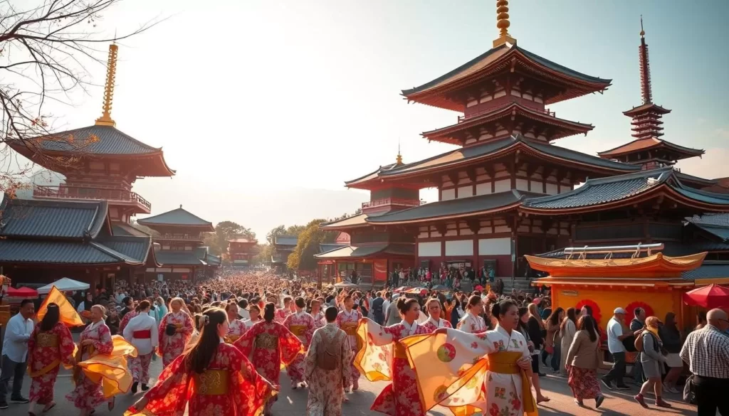 A vibrant Nara festival scene, set against the backdrop of ancient temples and pagodas. In the foreground, a lively procession of traditional dancers, their colorful kimonos swirling gracefully in the sunlight. In the middle ground, throngs of people mingle, drawn to the festive stalls offering delectable regional delicacies and handcrafted wares. The background is dotted with the iconic landmarks of Nara, including the towering Todaiji temple and the tranquil Kasuga Taisha shrine, bathed in a warm, golden glow. The atmosphere is one of celebration, with a sense of timeless tradition and cultural vibrancy.