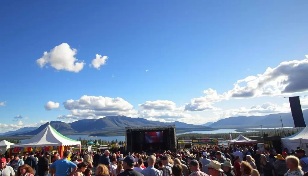 A vibrant Northwest Territories festival scene in the summertime. In the foreground, a lively crowd gathers around food stalls and craft vendors, their colorful wares on display. In the middle ground, performers take the stage, music and laughter filling the air. The backdrop features scenic mountains and lakes, bathed in warm golden light. Overhead, a clear blue sky with fluffy clouds completes the idyllic setting. The atmosphere is one of joy, community, and celebration of the unique culture and natural beauty of the Northwest Territories.