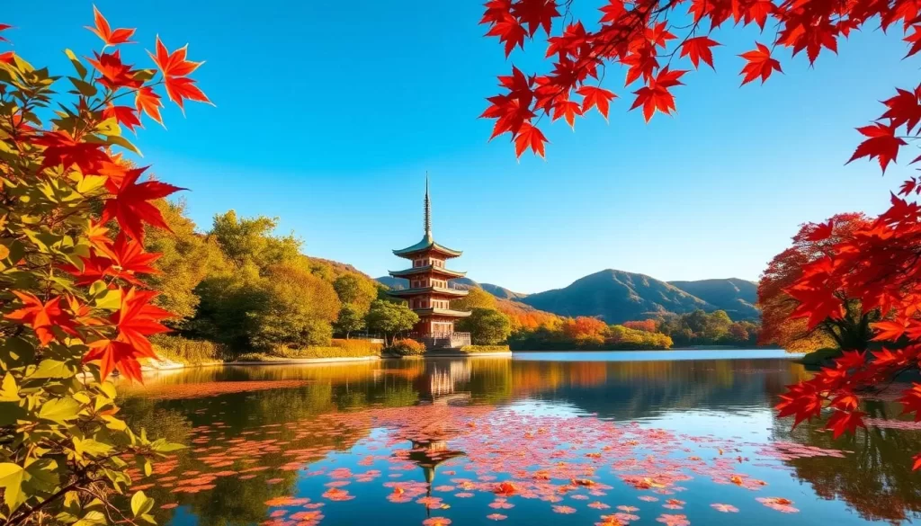 A vibrant Okinawan fall landscape, bathed in warm golden light. In the foreground, a serene koi pond is dotted with floating red maple leaves. Lush green foliage frames the scene, with bursts of fiery red and orange hues. In the middle ground, a traditional Ryukyu-style pagoda stands tall, its elegant architecture reflected in the still waters. The background features gently rolling hills, their slopes covered in a patchwork of autumn colors. A cloudless azure sky stretches overhead, setting the perfect mood for this picturesque autumnal paradise.