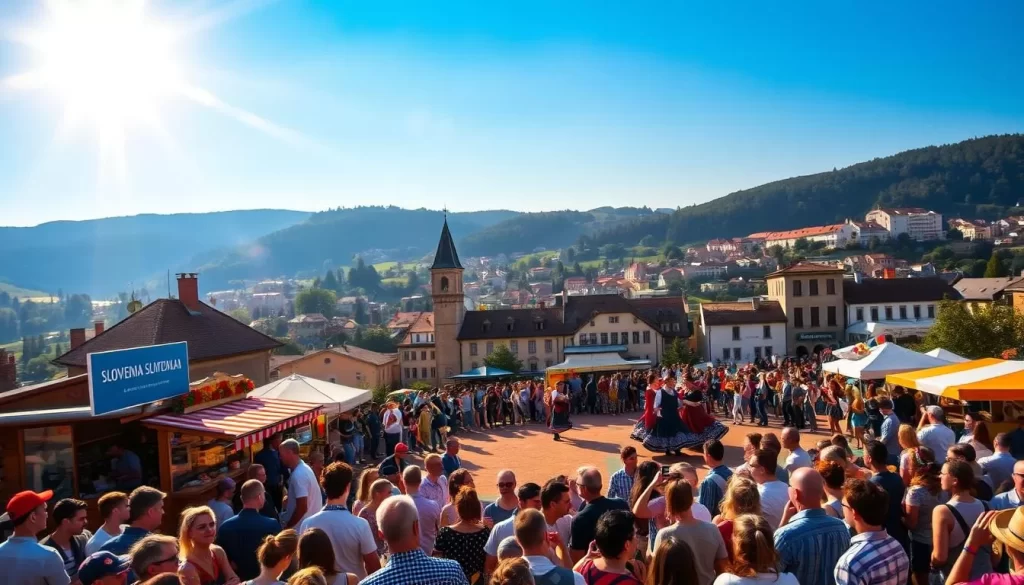 A vibrant Slovenian festival scene unfolds under a warm, golden sun. In the foreground, a lively crowd gathers around colorful food stalls, their lively chatter and laughter filling the air. Middle ground showcases traditional Slovenian dancers swirling in a mesmerizing performance, their ornate costumes a captivating blend of rich hues. In the background, historic buildings and rolling hills create a picturesque backdrop, immersing the viewer in the heart of Slovenia's cultural heritage. Crisp, high-resolution photography captures the energy, joy, and cultural essence of this festival experience.