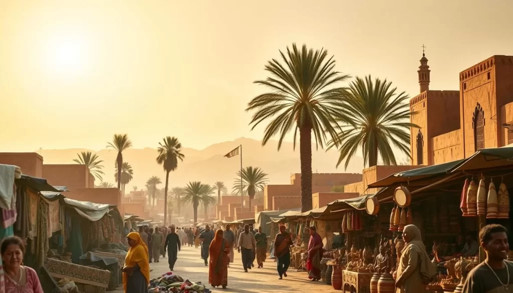 A vibrant Somali cultural landscape unfolds, with a bustling marketplace in the foreground. Vendors offer an array of colorful handcrafted goods, from intricate textiles to intricately carved wooden sculptures. In the middle ground, traditional mud-brick buildings stand tall, their facades adorned with ornate Islamic architectural details. Towering palm trees sway gently in the soft breeze, casting dancing shadows across the scene. In the background, a dramatic mountainous horizon is illuminated by the warm, golden light of the sun, creating a serene and picturesque atmosphere. The overall mood is one of vibrant cultural immersion, inviting the viewer to explore the rich heritage and traditions of Somalia.