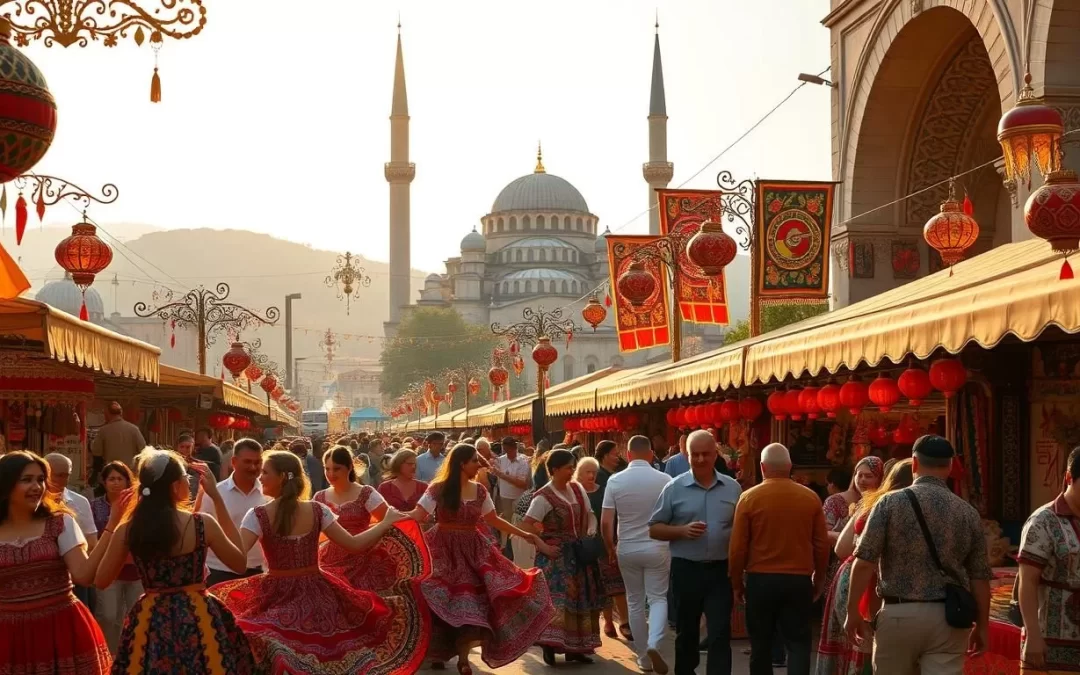 A vibrant Turkish festival scene, bustling with joyous celebrations. In the foreground, colorfully dressed dancers twirl and sway to the rhythmic beats of traditional music. Intricate ornaments, handcrafted lanterns, and vibrant textiles adorn the lively street, creating an immersive atmosphere. In the middle ground, stalls brim with an array of tantalizing regional delicacies and artisanal crafts, inviting visitors to explore the rich cultural tapestry. The background showcases the iconic architecture of Turkey, with domed mosques and ornate towers reaching skyward, bathed in warm, golden sunlight that casts a serene glow over the entire scene.