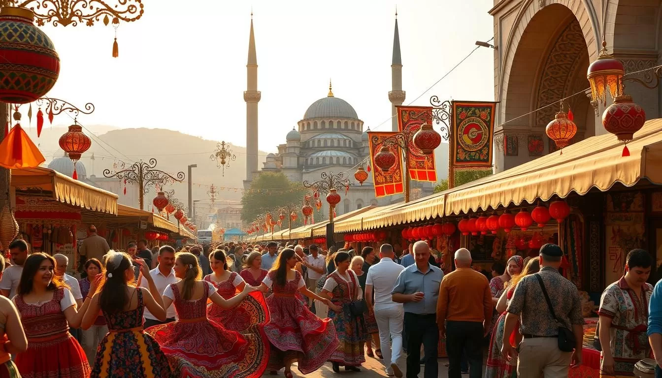 A vibrant Turkish festival scene, bustling with joyous celebrations. In the foreground, colorfully dressed dancers twirl and sway to the rhythmic beats of traditional music. Intricate ornaments, handcrafted lanterns, and vibrant textiles adorn the lively street, creating an immersive atmosphere. In the middle ground, stalls brim with an array of tantalizing regional delicacies and artisanal crafts, inviting visitors to explore the rich cultural tapestry. The background showcases the iconic architecture of Turkey, with domed mosques and ornate towers reaching skyward, bathed in warm, golden sunlight that casts a serene glow over the entire scene.