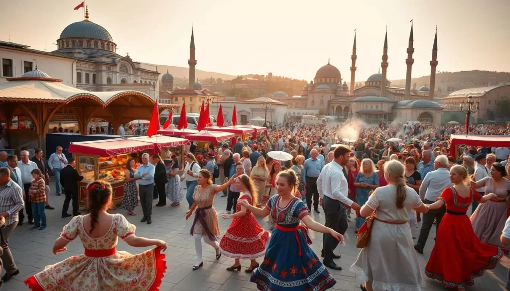 A vibrant Turkish festival unfolds, with a lively crowd gathered in a bustling town square. In the foreground, colorfully dressed dancers sway to the rhythm of traditional music, their movements graceful and captivating. In the middle ground, food stalls offer an array of tantalizing Turkish delicacies, the aroma of spices and grilled meats wafting through the air. The background is filled with ornate architecture, domed mosques, and towering minarets, creating a picturesque scene that celebrates the cultural richness of Turkey. The warm, golden sunlight casts a soft glow, enhancing the festive atmosphere and immersing the viewer in the heart of a vibrant Turkish festival.
