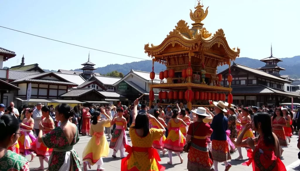 A vibrant Wakayama festival scene unfolds on a sunny day. In the foreground, colorfully clad dancers sway to the rhythm of traditional drums and flutes. Mid-ground, a grand float adorned with intricate carvings and lanterns is carried through the streets, surrounded by onlookers. In the background, historic buildings and pagodas dot the landscape, their roofs shimmering in the warm light. The atmosphere is lively and celebratory, capturing the rich cultural heritage and reverence for tradition that define Wakayama's festivals.