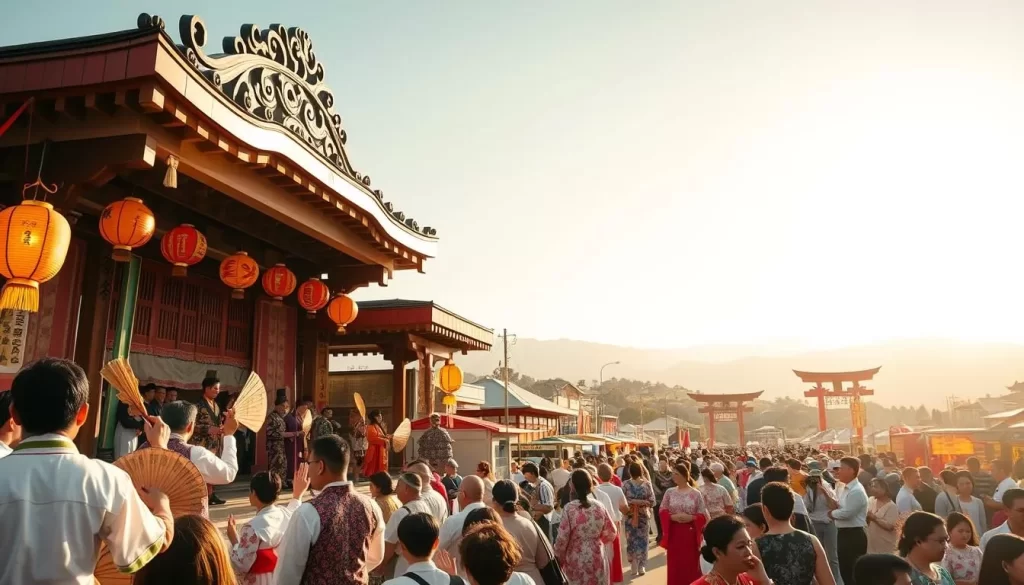 A vibrant Yamaguchi festival unfolds on a sunny day, with crowds of people dressed in colorful traditional attire, carrying lanterns and fans, as they gather around an ornate wooden stage. In the foreground, a group of musicians perform lively music on traditional instruments, their movements captured in a sharp, cinematic shot. In the middle ground, street vendors offer an array of local delicacies and handicrafts, their stalls adorned with vibrant fabrics and lanterns. In the distance, the backdrop is a stunning landscape of rolling hills and shrines, bathed in warm, golden light, creating a serene and enchanting atmosphere.