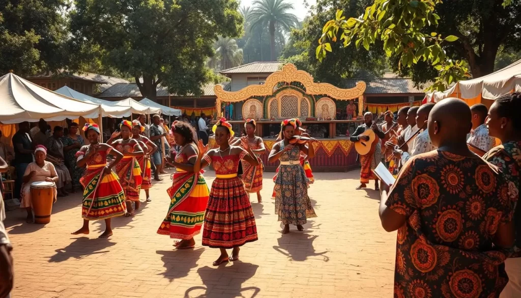 A vibrant Zambian cultural festival unfolding in a sun-dappled village square. In the foreground, a troupe of dancers in colorful traditional costumes perform a lively, rhythmic dance, their movements punctuated by the beat of drums and the ululations of the crowd. In the middle ground, stalls selling handcrafted goods, from intricate wood carvings to vibrant textiles, line the edges of the square. Towards the back, an ornate stage is set, where musicians play soulful melodies on stringed instruments. The scene is bathed in warm, golden light, capturing the celebratory spirit and rich cultural heritage of Zambia.