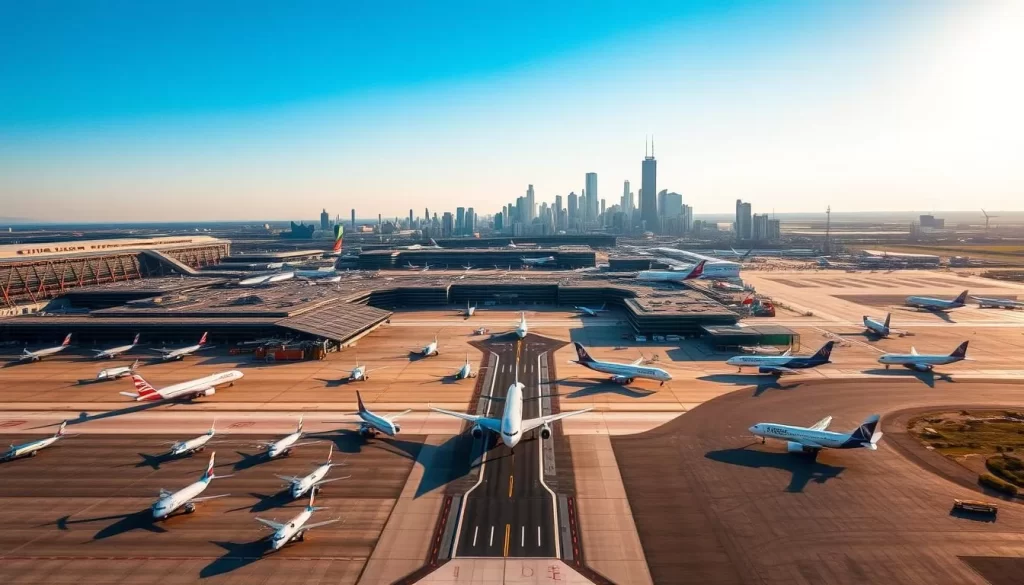 A vibrant aerial view of O'Hare International Airport, the bustling transportation hub of Chicago. In the foreground, a diverse array of aircrafts grace the runway, their sleek silhouettes mirrored in the gleaming tarmac below. The midground showcases the intricate network of terminals and concourses, a symphony of glass, steel, and concrete. In the background, the iconic Chicago skyline rises, its skyscrapers reaching towards the clear, sun-dappled sky. The scene is bathed in warm, natural lighting, lending a sense of energy and dynamism to the transportation ecosystem. Capture the efficiency, connectivity, and architectural grandeur that define Chicago's airports and their crucial role in the city's public transportation ecosystem.