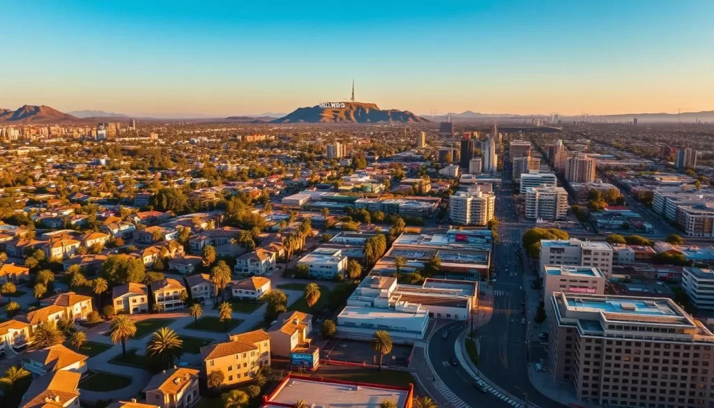 A vibrant aerial view of diverse Los Angeles neighborhoods, bathed in warm, golden sunlight. Sprawling residential areas with a mix of stucco homes, palm trees, and manicured lawns stretch out below. In the distance, the iconic Hollywood sign stands tall, a symbol of the city's glamour. Closer to the camera, bustling commercial districts with towering high-rises, neon signs, and busy streets reveal the urban energy of the city. The scene conveys a sense of contrast, where the idealized images of LA's luxurious lifestyle coexist with the grittier, more authentic neighborhoods that visitors may not expect.