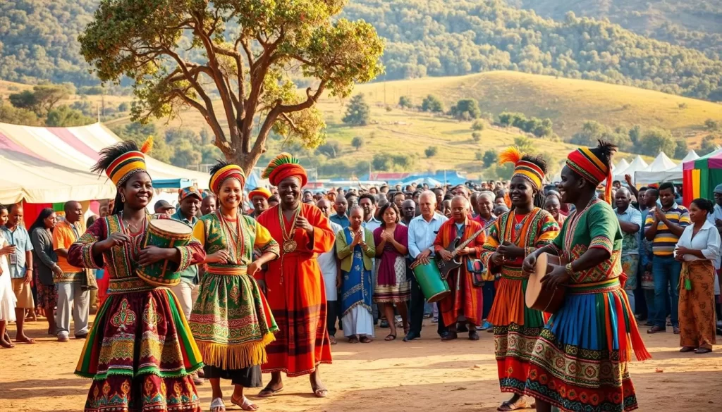 A vibrant and colorful scene of an Ethiopian fall festival, showcasing traditional music, dance, and festive attire. In the foreground, a group of performers dressed in vibrant, intricately patterned costumes move to the rhythm of traditional instruments. In the middle ground, a crowd of people celebrates, their faces alight with joy and excitement. In the background, a backdrop of colorful tents, market stalls, and lush, verdant landscapes creates a warm, inviting atmosphere. The lighting is soft and natural, casting a golden glow over the entire scene. Capture the essence of Ethiopian culture, community, and the joyous spirit of the fall festival.
