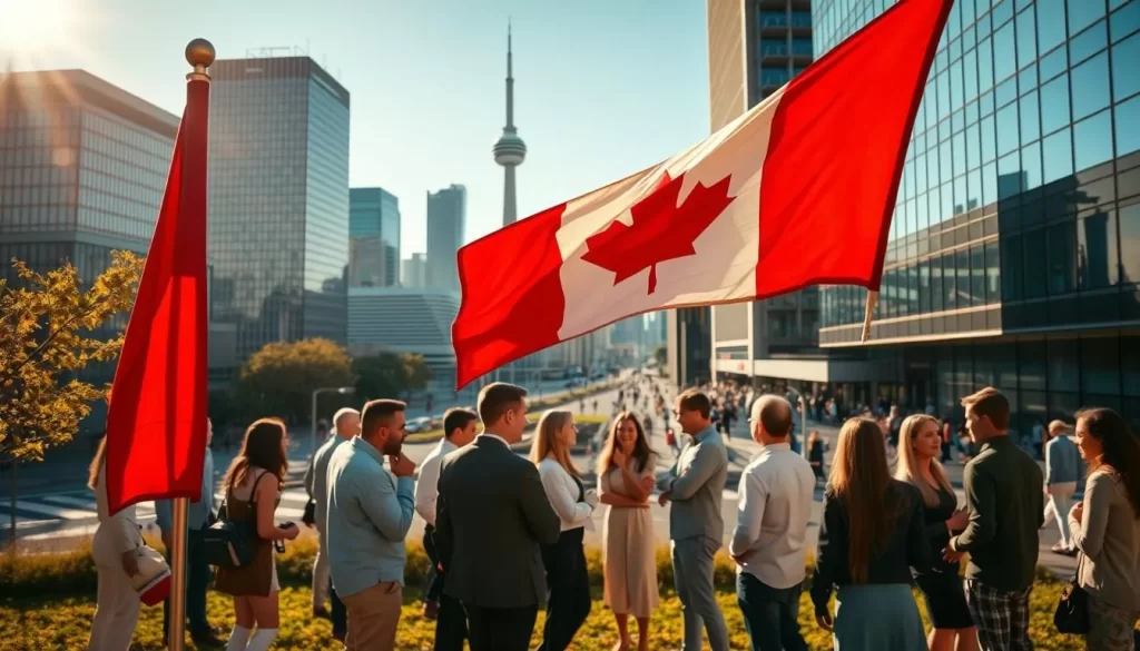 A vibrant and diverse landscape representing the official languages of Canada. In the foreground, the Canadian national flag proudly stands, its vivid red and white hues reflecting the sunlight. In the middle ground, a group of people converse animatedly, their expressions and body language conveying the rich cultural exchange and linguistic harmony. In the background, a modern skyline with sleek skyscrapers and bustling streets, symbolizing the cosmopolitan nature of Canada's urban centers. The scene is bathed in warm, golden light, creating a welcoming and inclusive atmosphere. The overall composition captures the essence of Canada's commitment to linguistic diversity and the equal status of its official languages.