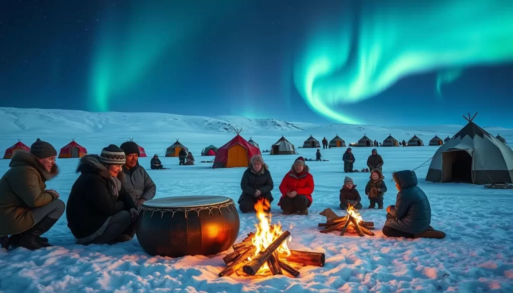 A vibrant and immersive scene of Nunavut's cultural landscape. In the foreground, an Inuit family gathers around a traditional seal-skin drum, their faces aglow with the warm tones of a crackling fire. In the middle ground, colorful tents and igloos dot the snow-capped tundra, with elders sharing stories and children playing traditional games. In the background, the shimmering Aurora Borealis dances across the night sky, casting a ethereal glow over the scene. Crisp, natural lighting illuminates the details of intricate carvings, woven textiles, and other cultural artifacts. Capture the sense of community, connection to the land, and timeless traditions that define the vibrant culture of Nunavut.