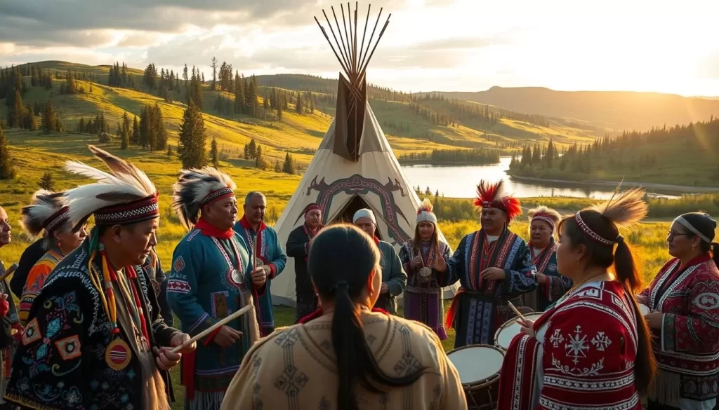 A vibrant and immersive scene of a First Nations cultural experience in the Dehcho region of the Northwest Territories. In the foreground, a group of Indigenous elders and youth engage in traditional drumming and singing, their colorful traditional regalia adorned with intricate beadwork and feathers. In the middle ground, a large teepee stands tall, its exterior decorated with intricate symbols and designs. The background reveals a lush, verdant landscape with rolling hills, towering pine trees, and a crystal-clear lake reflecting the warm, golden light of the sun. The atmosphere is one of reverence, community, and a deep connection to the land and cultural heritage.