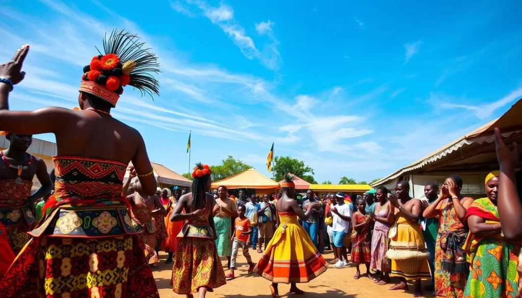 A vibrant and lively Ghanaian festival celebration unfolds in a sun-dappled outdoor setting. In the foreground, colorfully costumed dancers sway and twirl to the rhythmic beats of traditional percussion instruments. Intricate tribal patterns and ornate headdresses catch the warm afternoon light. In the middle ground, a crowd of enthusiastic spectators cheer and clap, immersed in the celebratory atmosphere. The background reveals a bustling marketplace, with vendors selling handcrafted wares and local delicacies. Overhead, a clear blue sky is dotted with wispy clouds, adding to the sense of a perfect festival day. The entire scene exudes a vibrant, joyous energy that captures the essence of a lesser-known but spectacular Ghanaian festival.