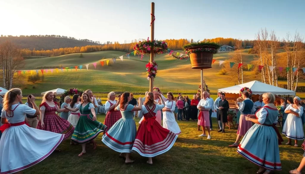 A vibrant and lively Kupalle festival celebration set in a picturesque Belarusian countryside. In the foreground, a group of people in traditional folk costumes dance joyfully around a maypole, their movements captured mid-twirl by a wide-angle lens. Colorful garlands and floral wreaths adorn the scene, creating a festive atmosphere. In the middle ground, vendors sell handcrafted wares and local delicacies as families and friends gather to socialize. The background features rolling hills dotted with birch trees, bathed in the warm glow of a golden-hour sunset. The overall mood is one of celebration, community, and the preservation of cherished cultural traditions.